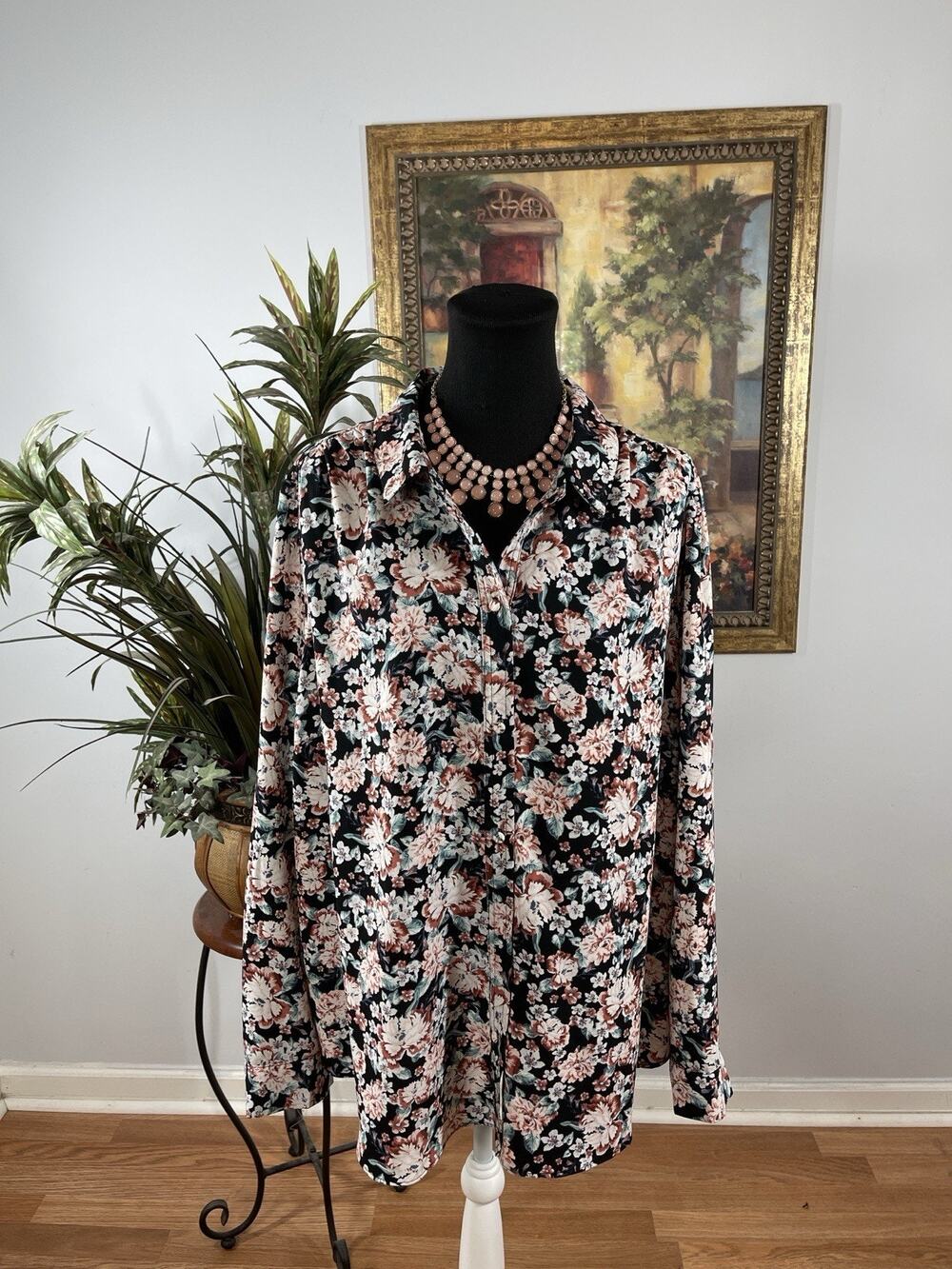 LC Lauren Conrad Women' 2X Floral Button Front Blouse Long Sleeve Vacationโ Boho